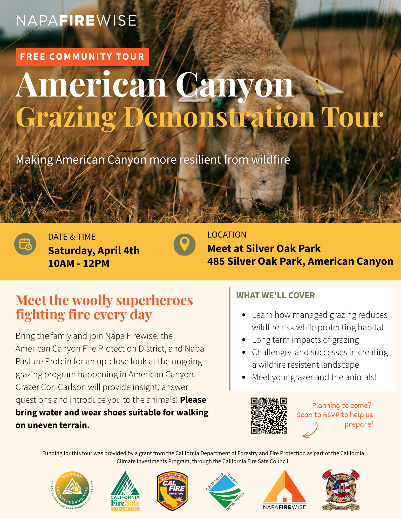 Flyer for a free American Canyon Grazing Demonstration Tour on Saturday, April 4, from 10 AM to 12 PM at Silver Oak Park. Features sheep grazing and invites families to learn how managed grazing helps reduce wildfire risk. Includes RSVP QR code and partner logos.