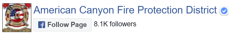 American Canyon Fire Protection District Facebook page header showing the department logo, page name with a verified checkmark, and a “Follow Page” button